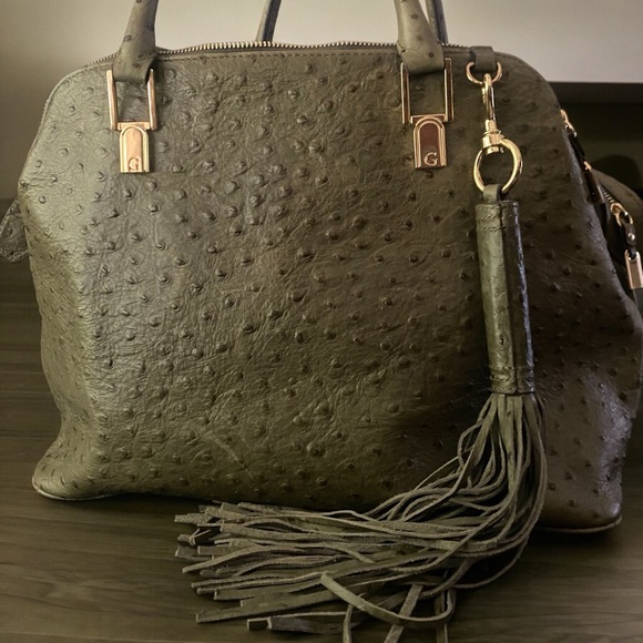 G.I.L.I. Handbags - G.I.L.I. Olive Green Ostrich-Embossed Satchel with Tassel